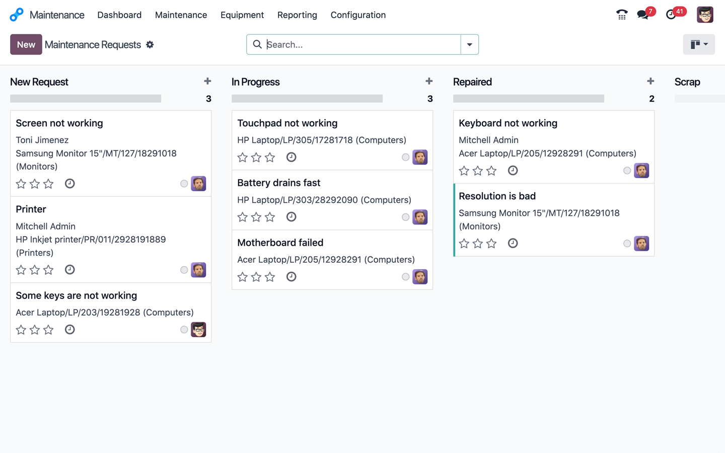 300code Maintenance interface showing equipment