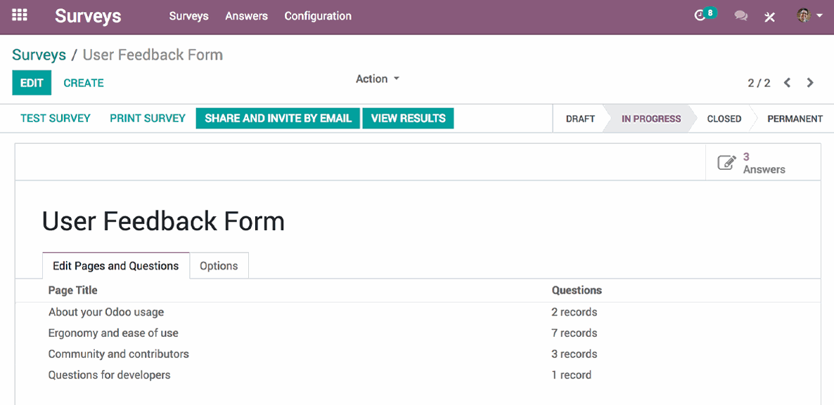 A backend view of the user feedback form in 300code Surveys